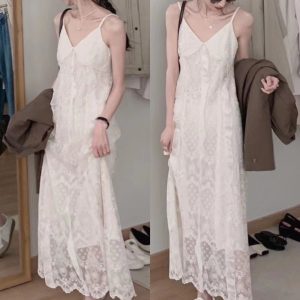 White Lace Spaghetti Strap Long Dress