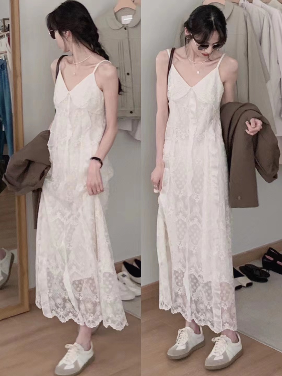 White Lace Spaghetti Strap Long Dress