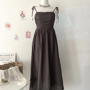 French Spaghetti Strap Dress Women Summer Pleated Elegant Long Dress