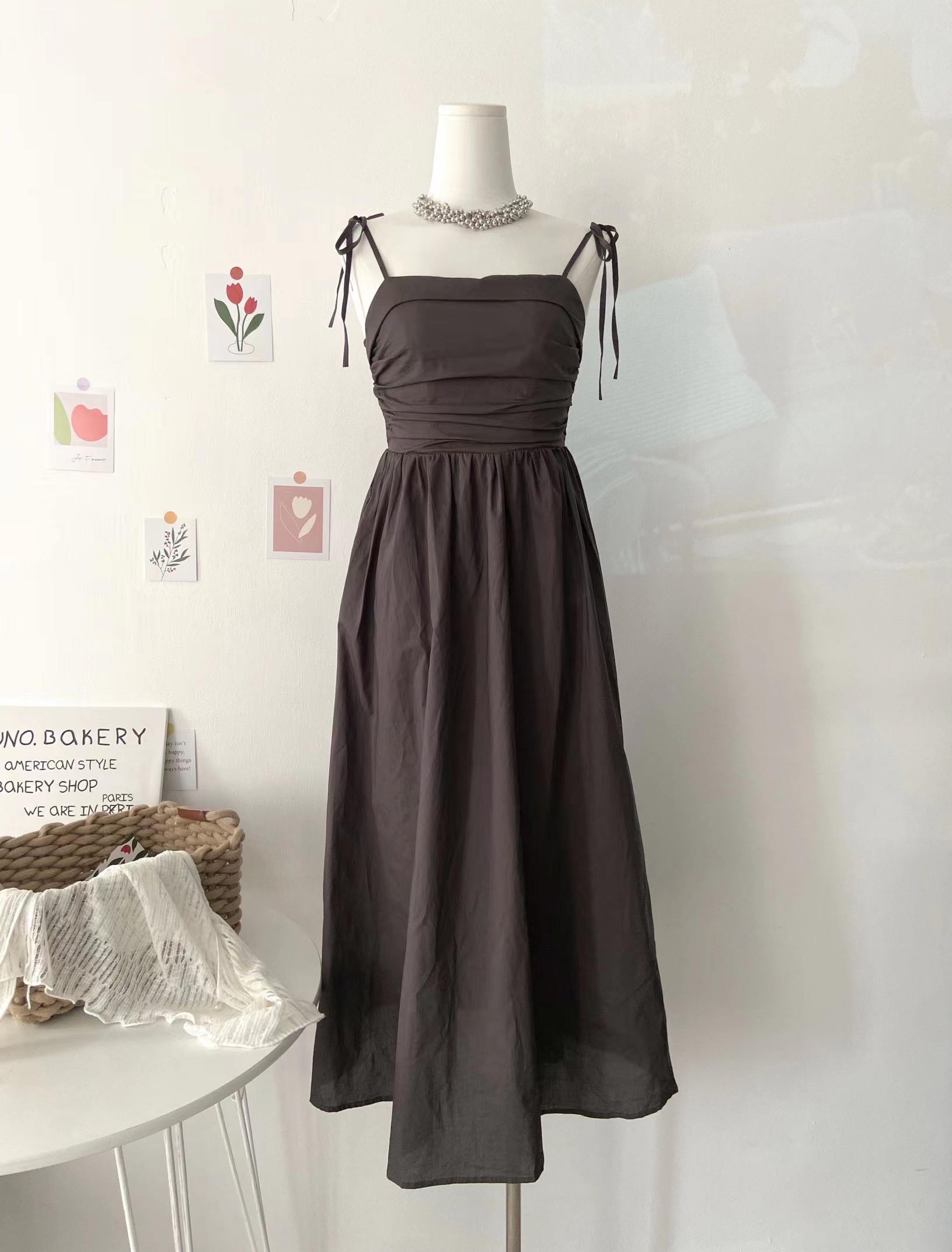French Spaghetti Strap Dress Women Summer Pleated Elegant Long Dress