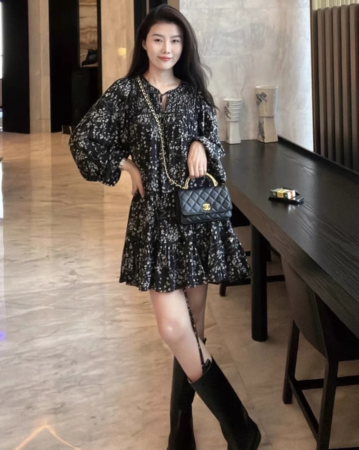 Korean Dongdaemun Vintage French Slimming Floral A-Line Dress