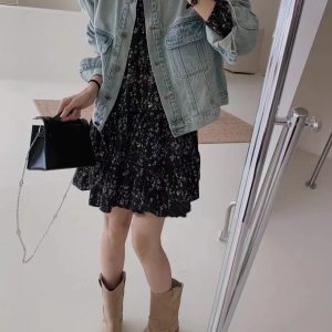 2024 Autumn New Versatile Korean Style Loose Long Sleeve Base Dress Petite New with Denim Jacket