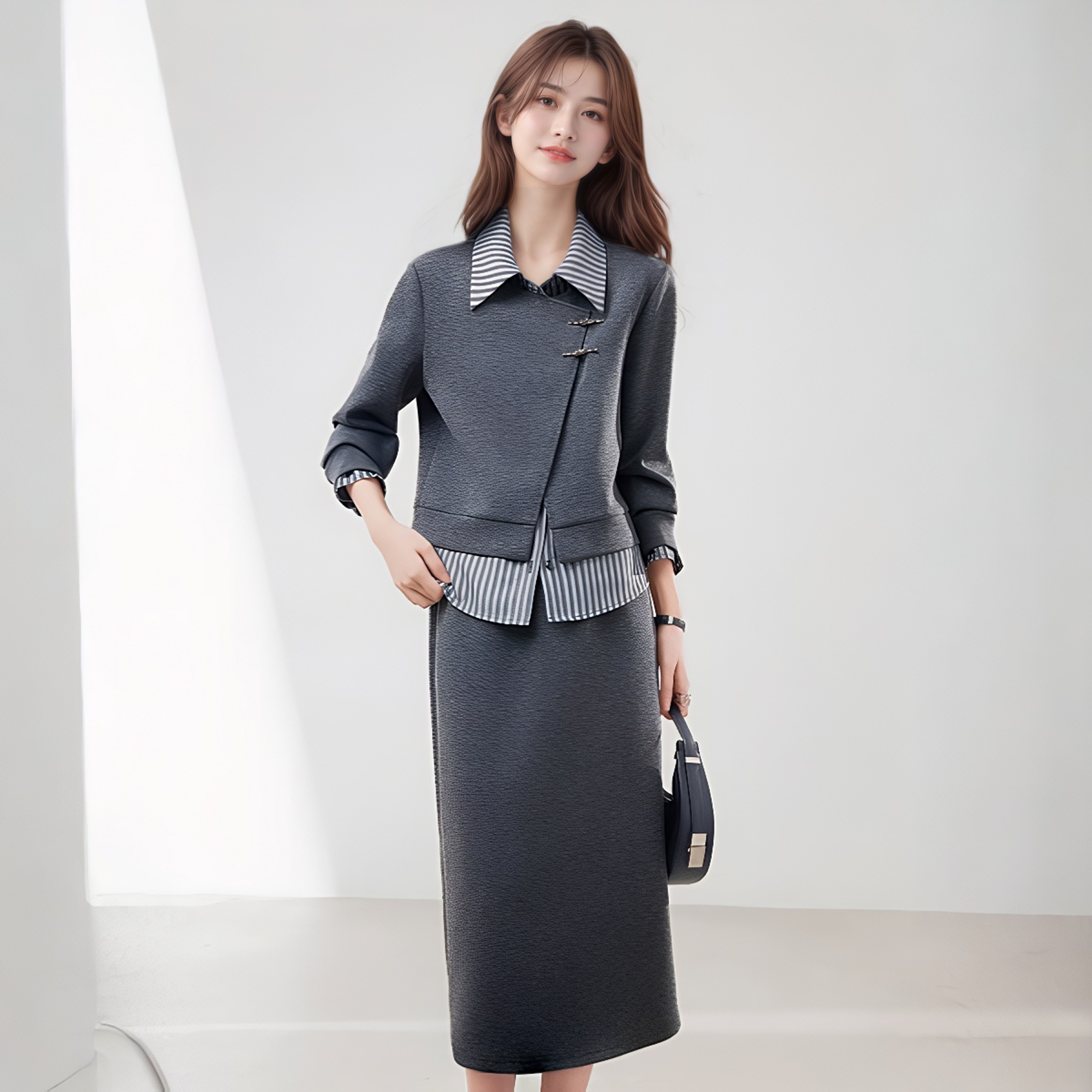 Gray Striped Chinese Style Two-Piece Sweatshirt Set with Lapel Collar Long Sleeve Top and Skirt for Women 2025 Autumn - Image 3