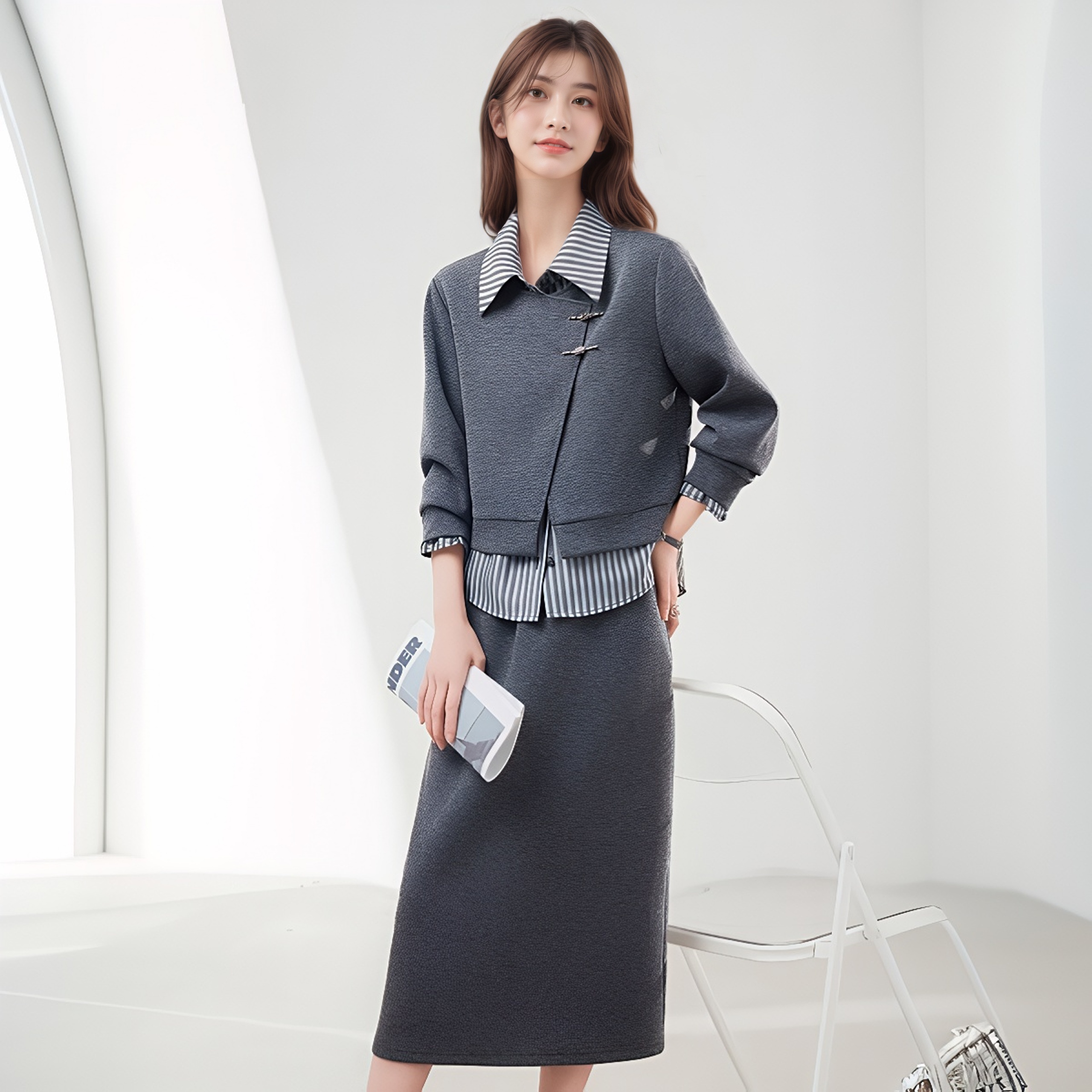 Gray Striped Chinese Style Two-Piece Sweatshirt Set with Lapel Collar Long Sleeve Top and Skirt for Women 2025 Autumn - Image 4