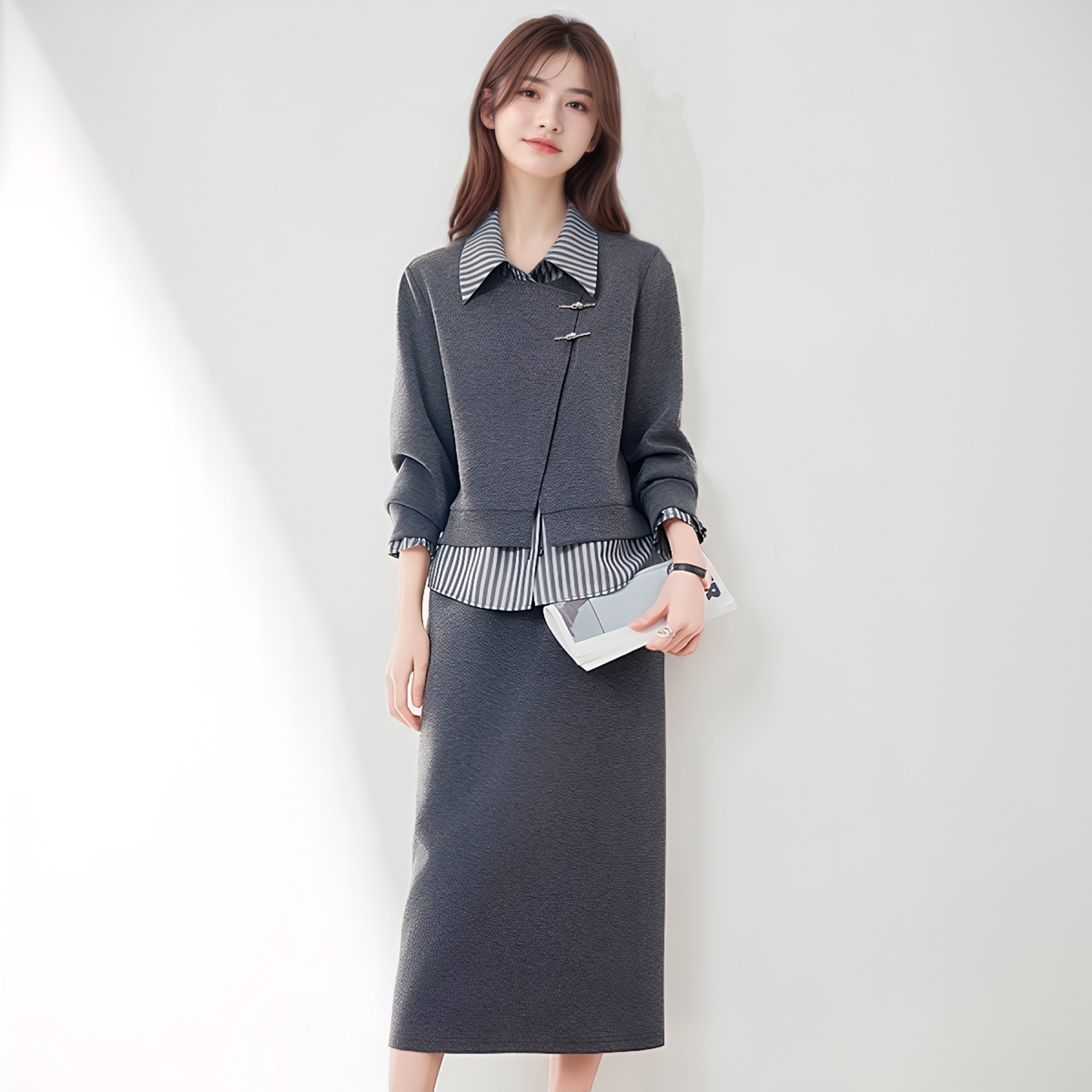 Gray Striped Chinese Style Two-Piece Sweatshirt Set with Lapel Collar Long Sleeve Top and Skirt for Women 2025 Autumn - Image 5
