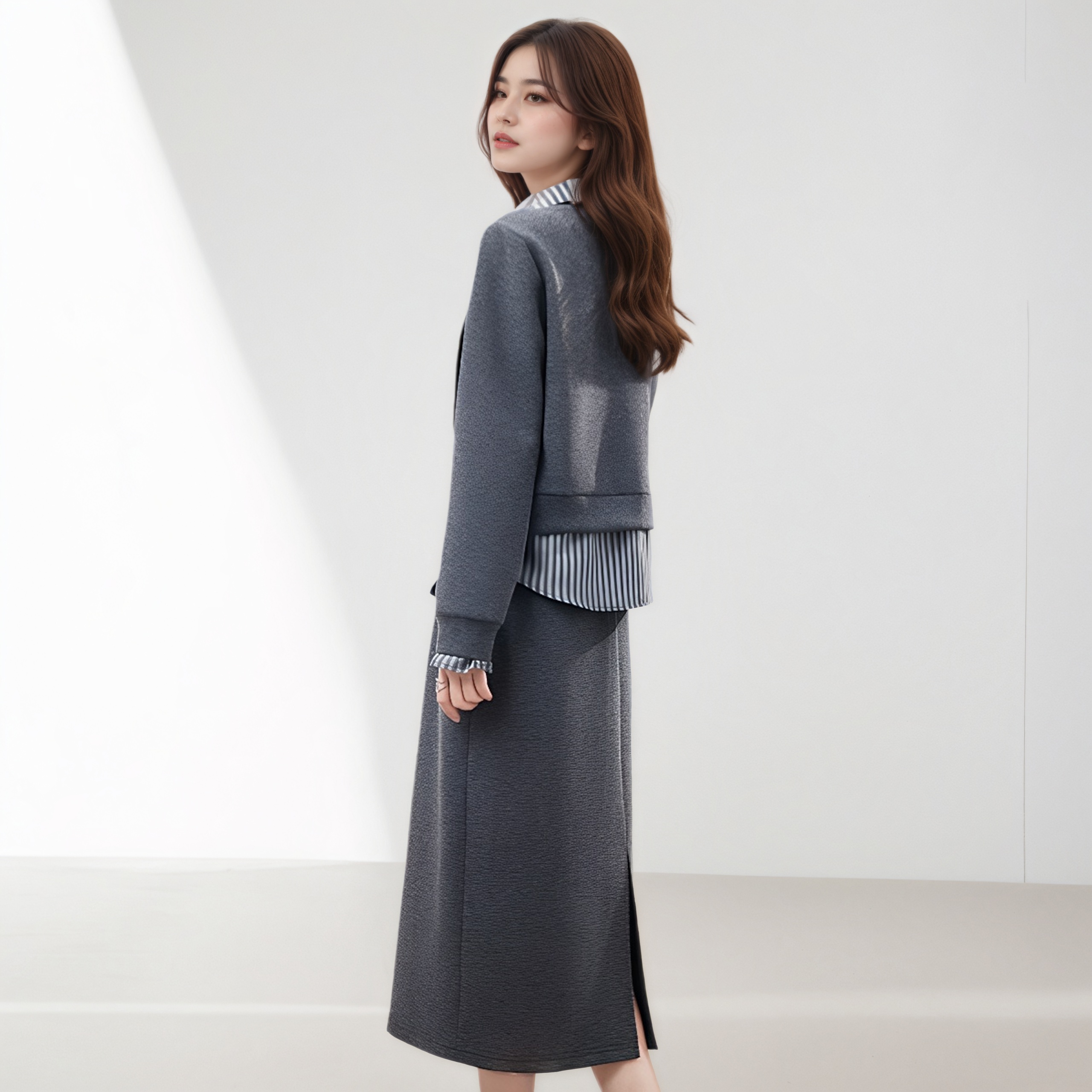 Gray Striped Chinese Style Two-Piece Sweatshirt Set with Lapel Collar Long Sleeve Top and Skirt for Women 2025 Autumn - Image 2