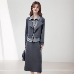 Gray Striped Chinese Style Two-Piece Sweatshirt Set with Lapel Collar Long Sleeve Top and Skirt for Women 2025 Autumn