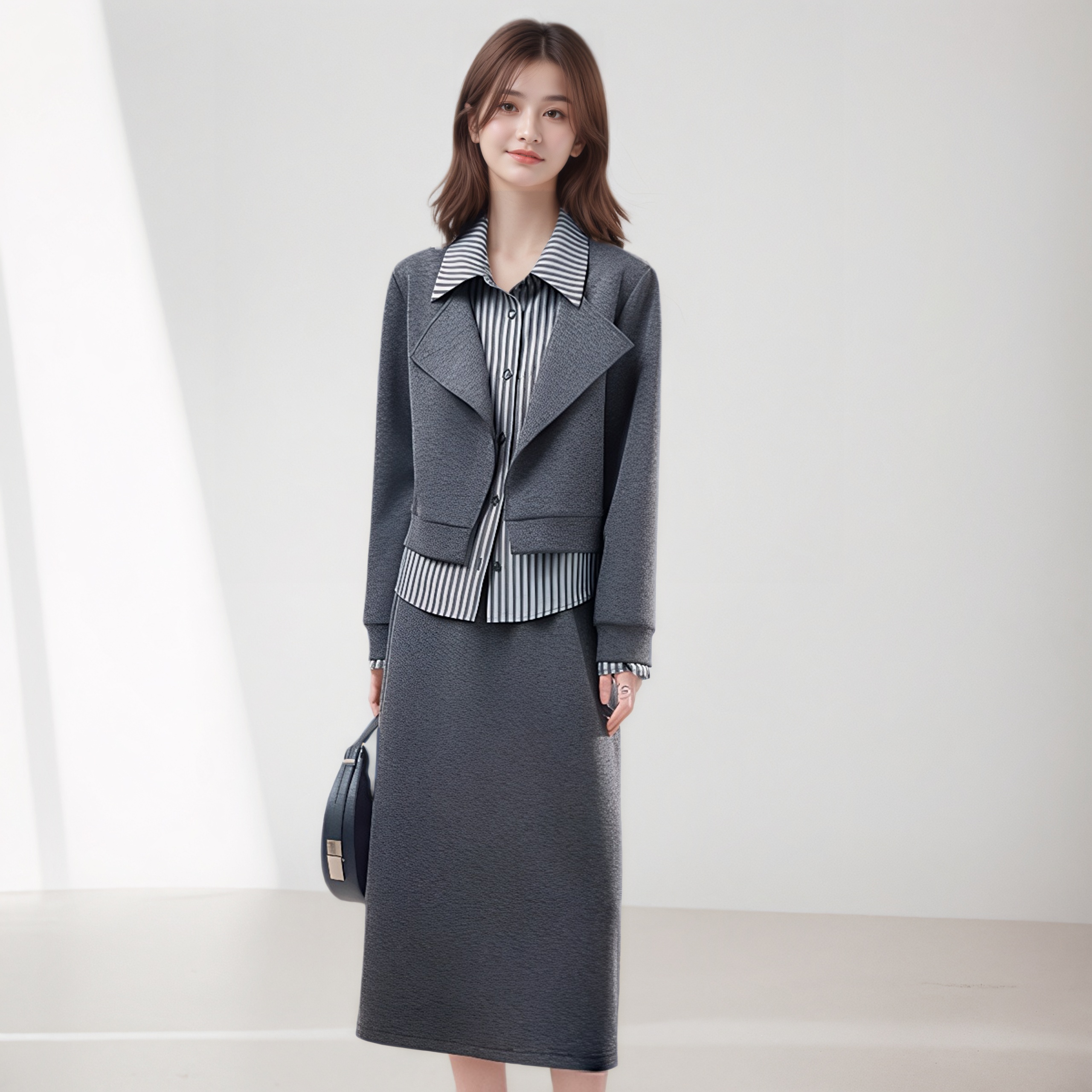 Gray Striped Chinese Style Two-Piece Sweatshirt Set with Lapel Collar Long Sleeve Top and Skirt for Women 2025 Autumn