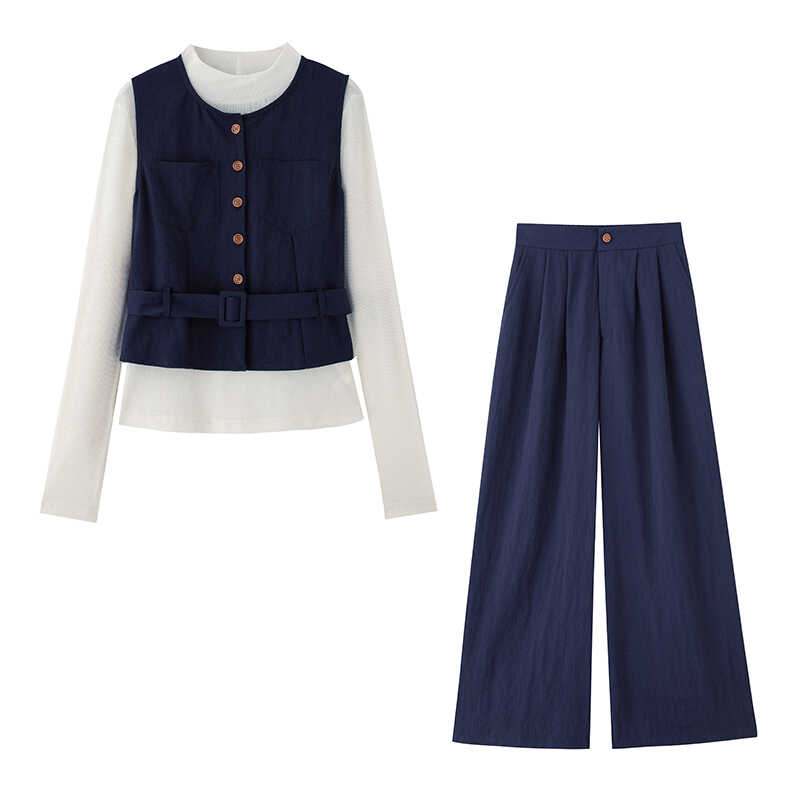 Women's Casual Fashion Denim Three-Piece Set 2025 Autumn Long Sleeve Slimming Wide-Leg Pants - Image 5