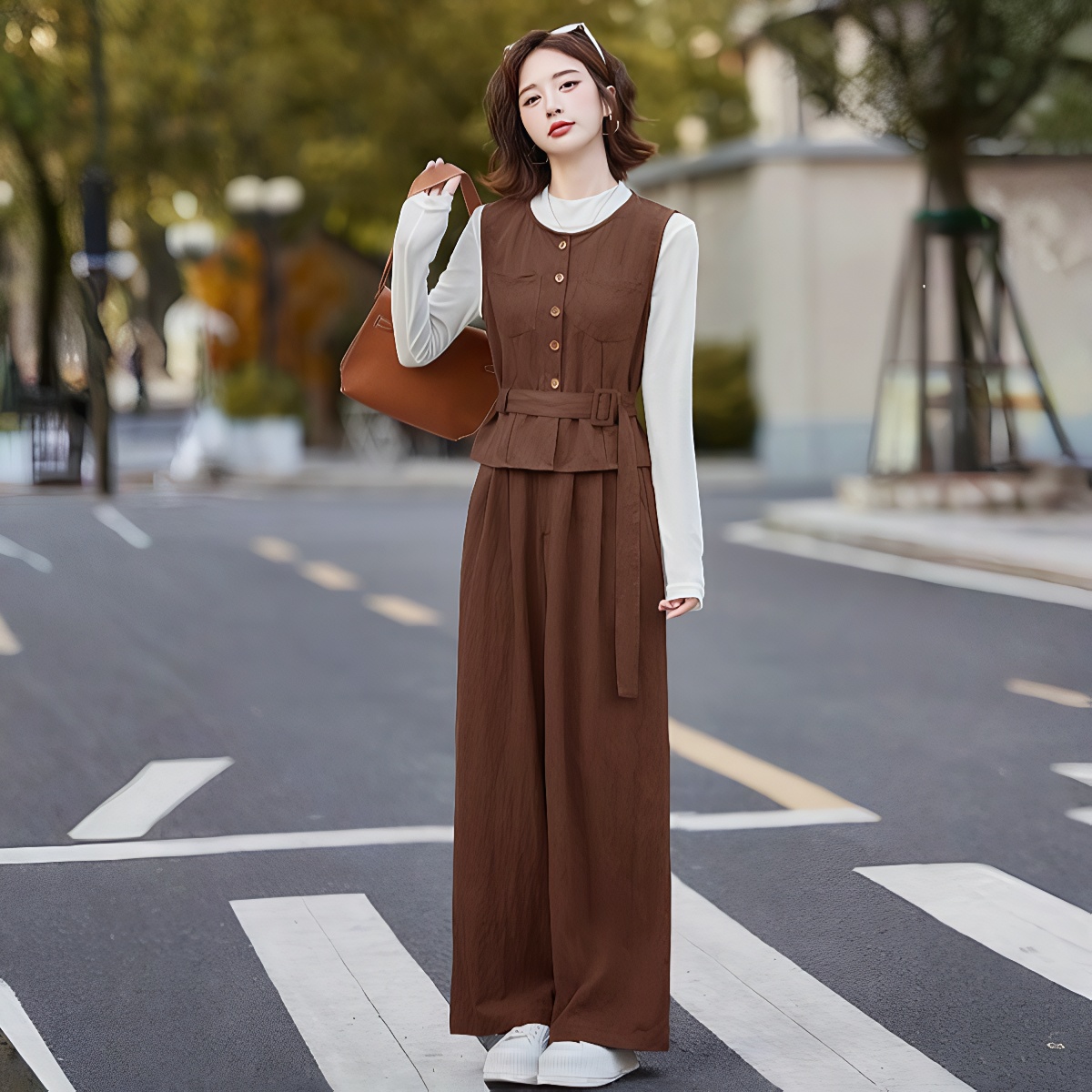 Women's Casual Fashion Denim Three-Piece Set 2025 Autumn Long Sleeve Slimming Wide-Leg Pants