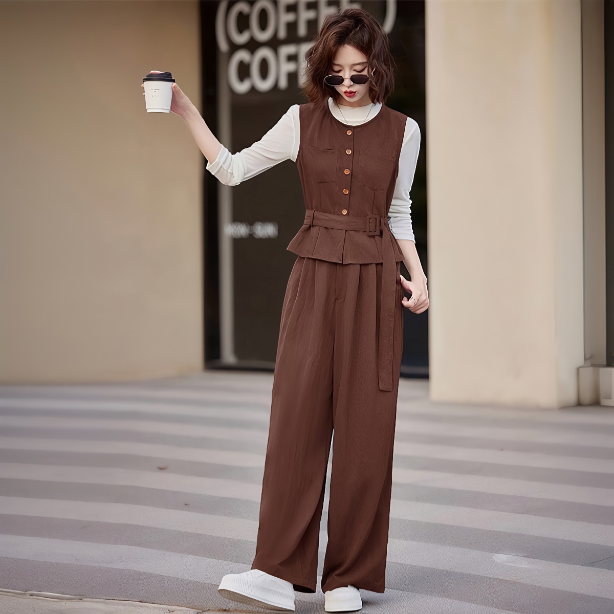 Women's Casual Fashion Denim Three-Piece Set 2025 Autumn Long Sleeve Slimming Wide-Leg Pants - Image 3