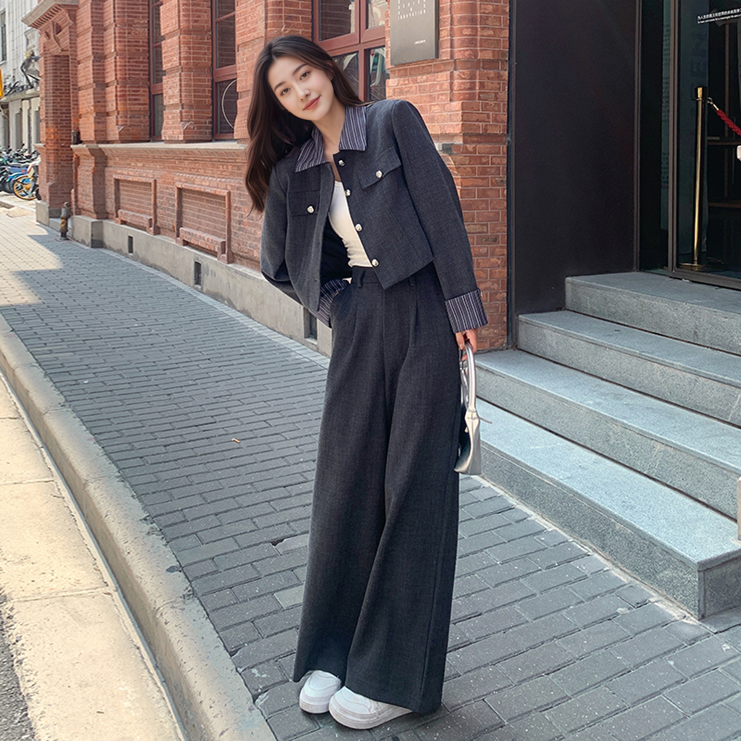 Women's 2025 Autumn Fashion Set Light Mature Striped Two-Piece Wide-Leg Pants Outfit