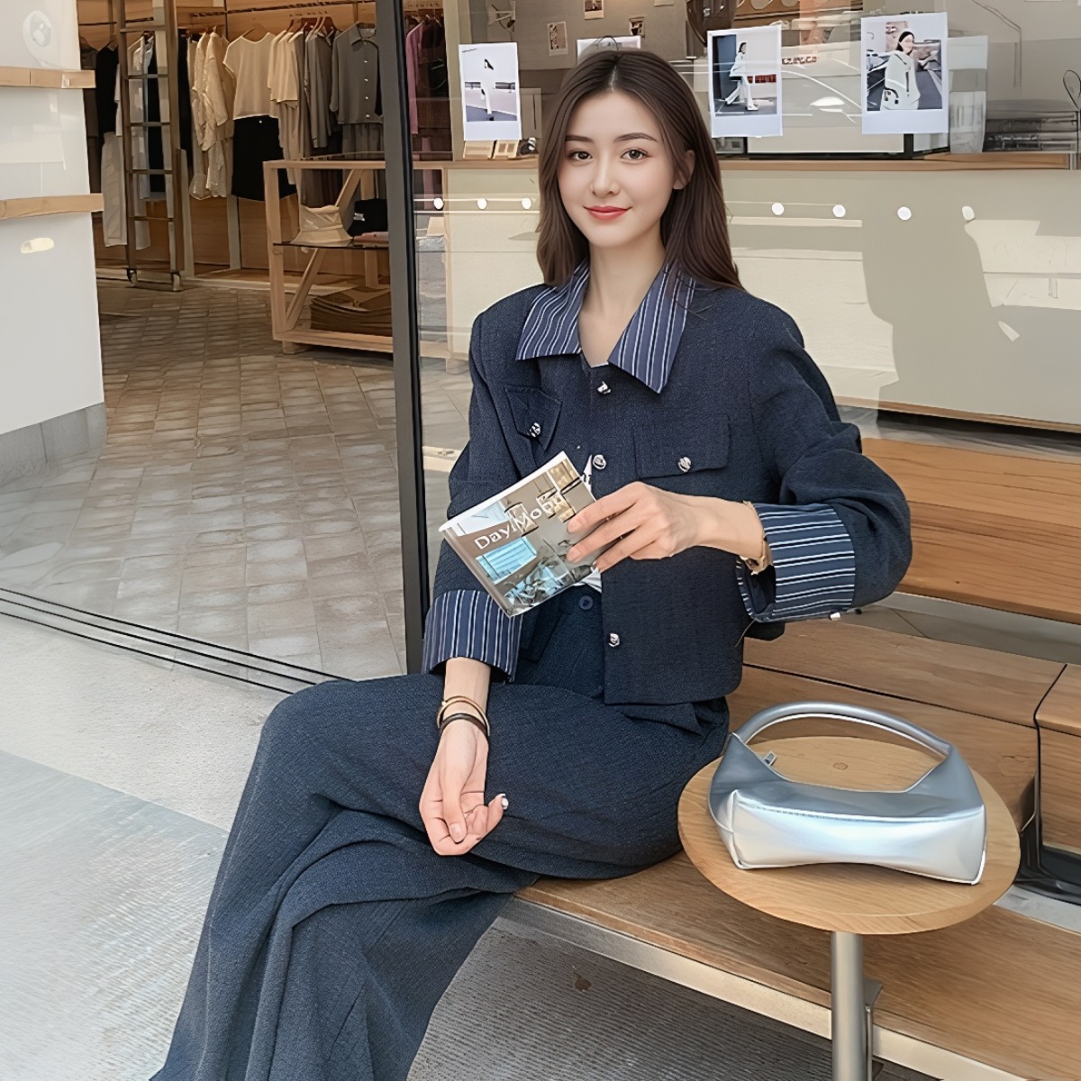 Women's 2025 Autumn Fashion Set Light Mature Striped Two-Piece Wide-Leg Pants Outfit - Image 3