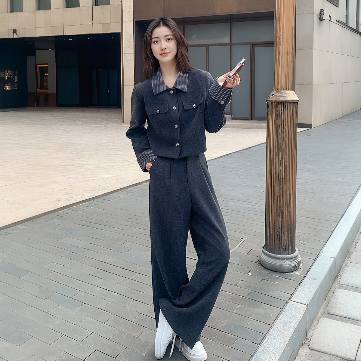 Women's 2025 Autumn Fashion Set Light Mature Striped Two-Piece Wide-Leg Pants Outfit - Image 4