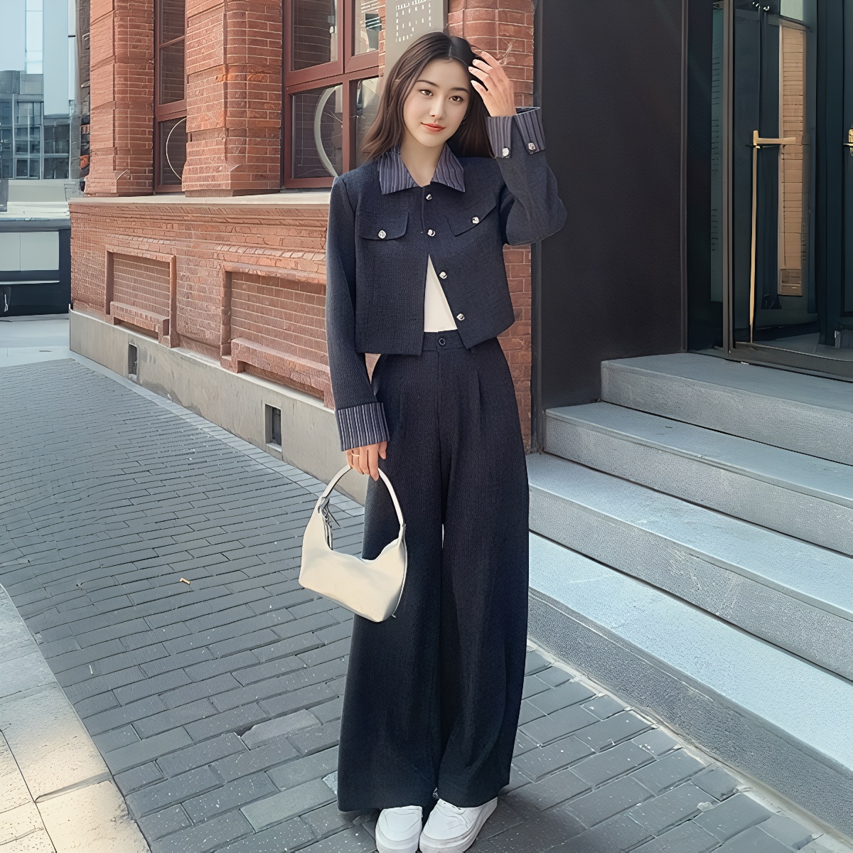 Women's 2025 Autumn Fashion Set Light Mature Striped Two-Piece Wide-Leg Pants Outfit - Image 5