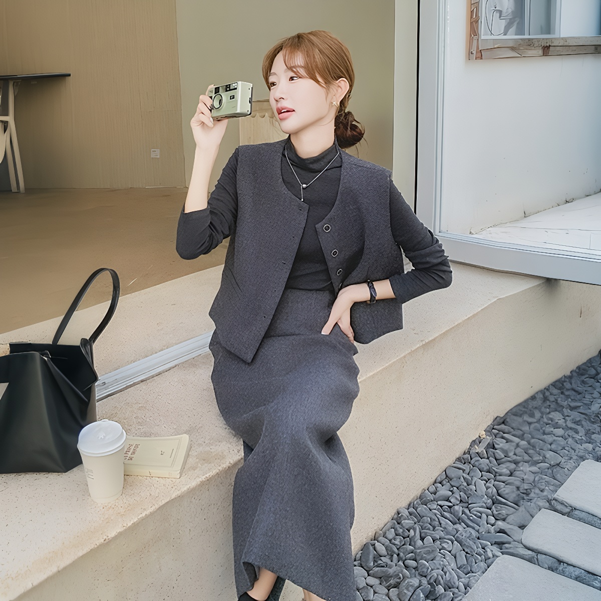 Women's 3-Piece Knit Set Dark Gray Turtleneck Vest Skirt Fall Winter - Image 2