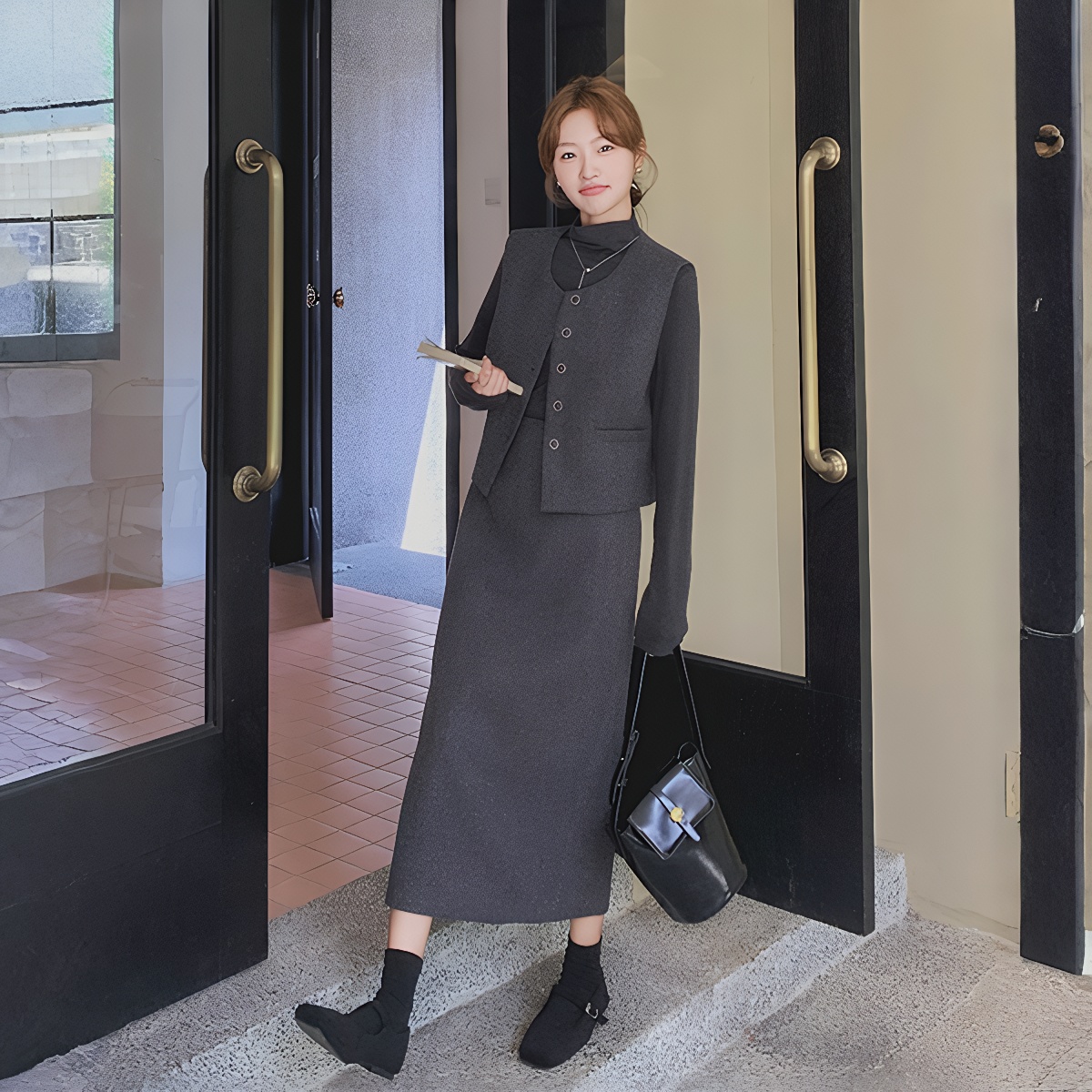 Women's 3-Piece Knit Set Dark Gray Turtleneck Vest Skirt Fall Winter - Image 5