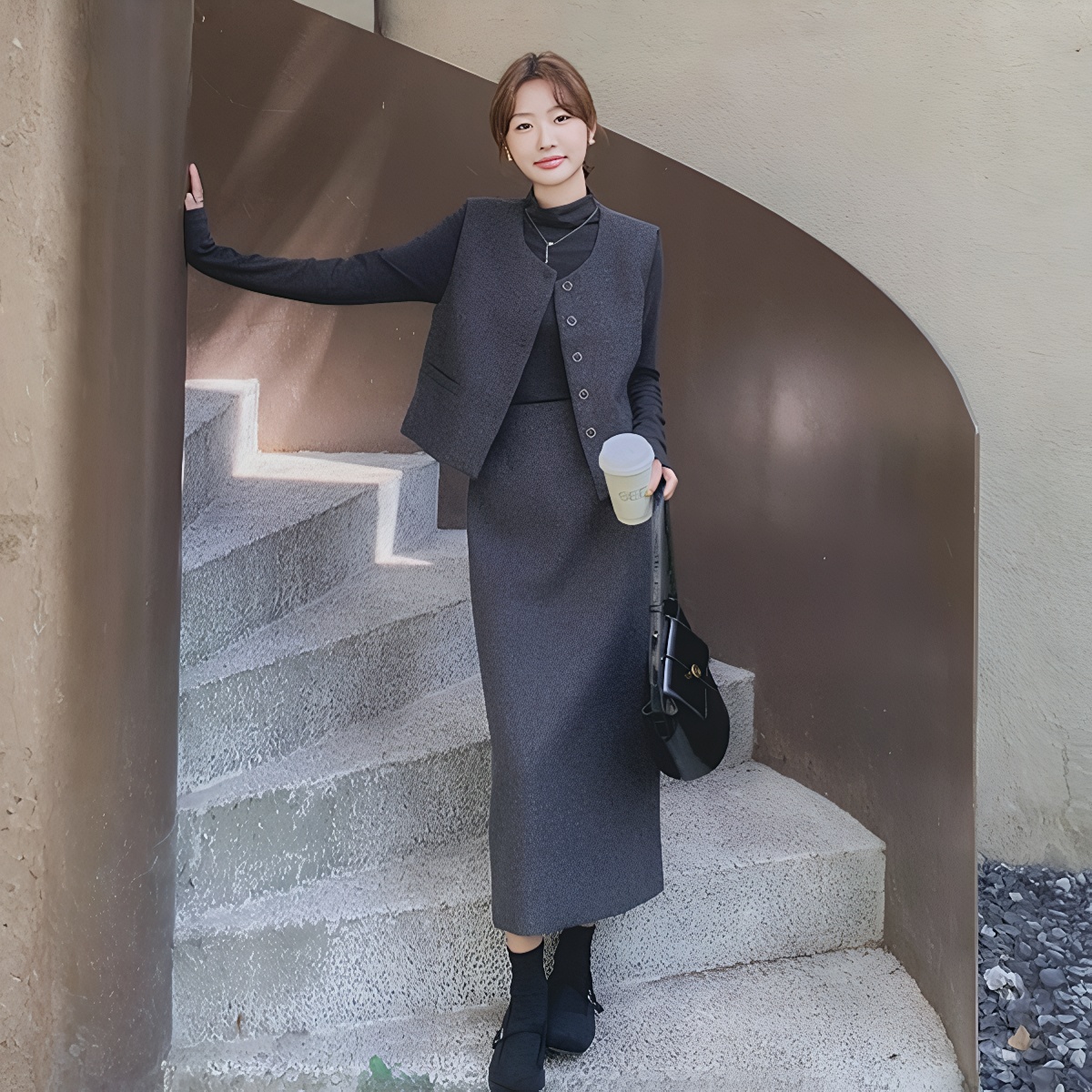 Women's 3-Piece Knit Set Dark Gray Turtleneck Vest Skirt Fall Winter