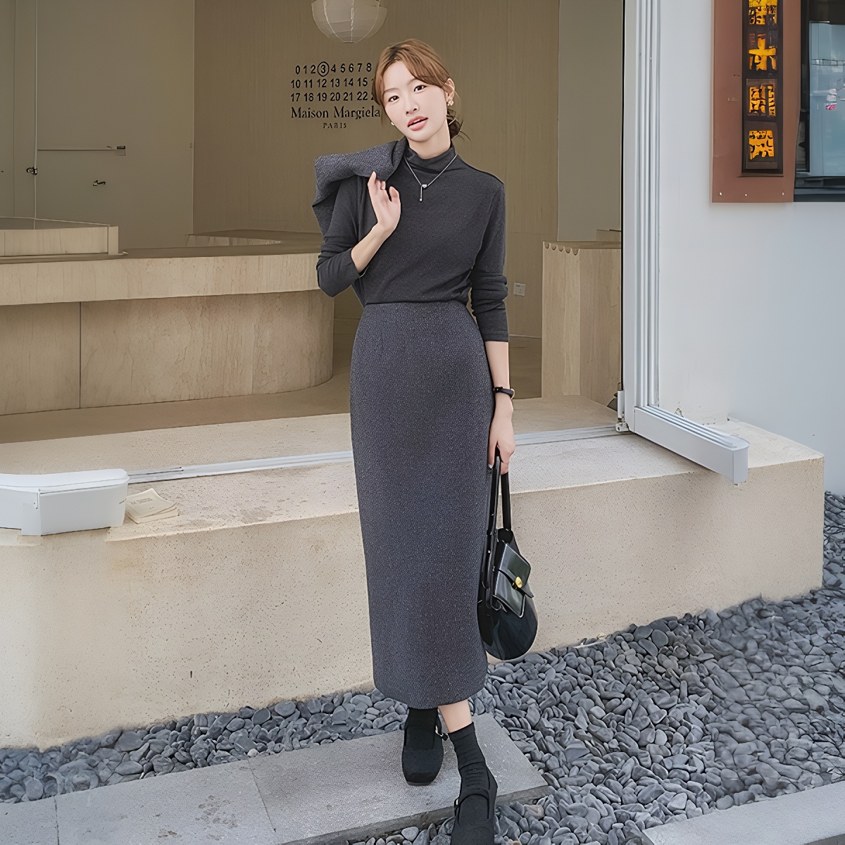 Women's 3-Piece Knit Set Dark Gray Turtleneck Vest Skirt Fall Winter - Image 3