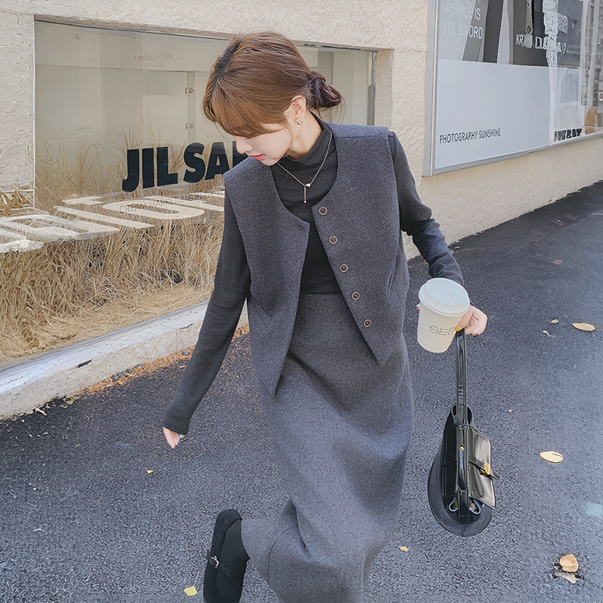 Women's 3-Piece Knit Set Dark Gray Turtleneck Vest Skirt Fall Winter - Image 4