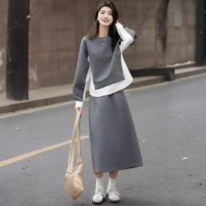 2026 Spring Korean Style Split Hoodie and Skirt Two-Piece Set for Women