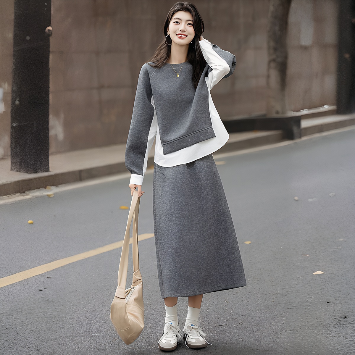 2026 Spring Korean Style Split Hoodie and Skirt Two-Piece Set for Women
