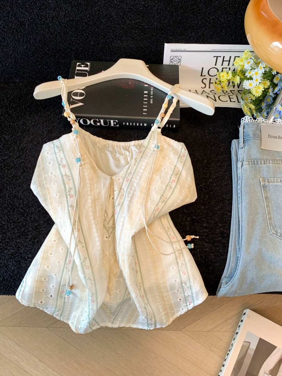 Women's Vacation Style Embroidered Floral Loose V-Neck Cami Top Summer 2026 Fashion Pleated Drapey Elegant Blouse - Style fb9d83 - Image 4