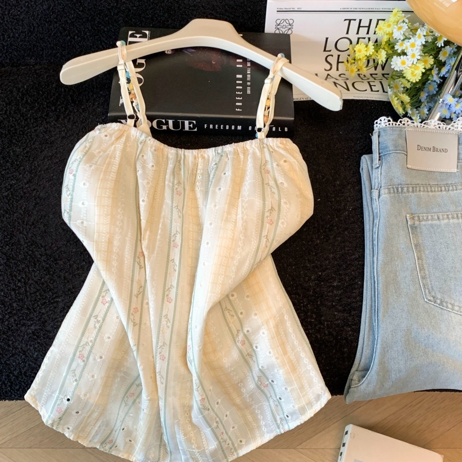 Women's Vacation Style Embroidered Floral Loose V-Neck Cami Top Summer 2026 Fashion Pleated Drapey Elegant Blouse - Style fb9d83 - Image 5