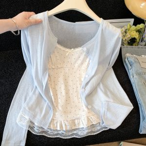 Soft Knit Sun Protection Cardigan Set with Camisole Women Summer Korean Style Short Top