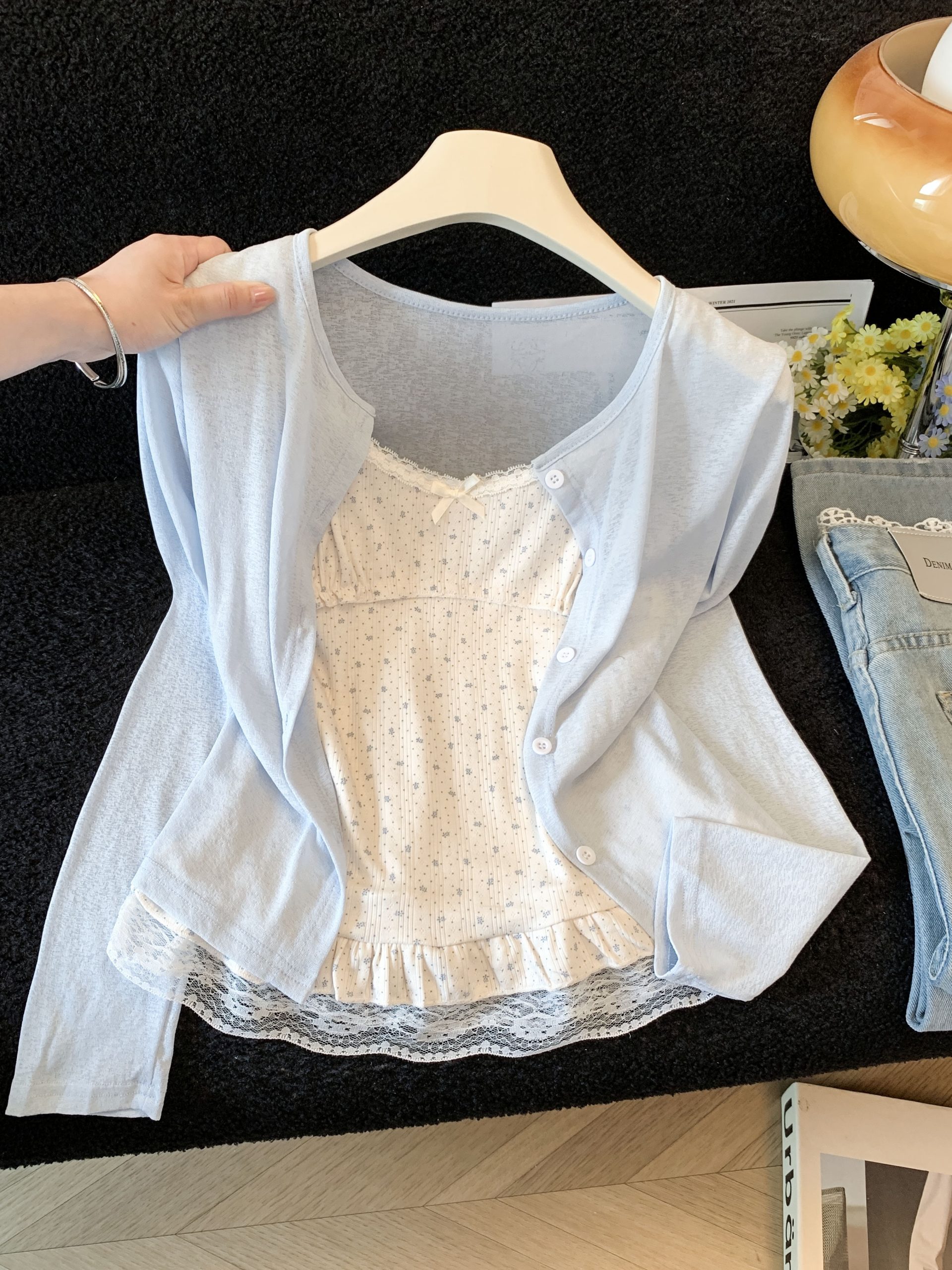 Soft Knit Sun Protection Cardigan Set with Camisole Women Summer Korean Style Short Top