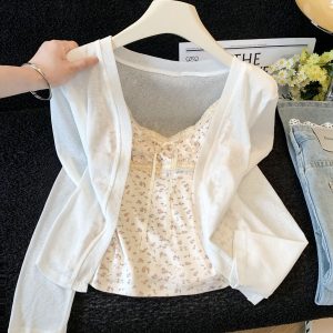 Women's Sheer Sun Protection Cardigan Set with Camisole - Korean Style Short Knit Cover-Up