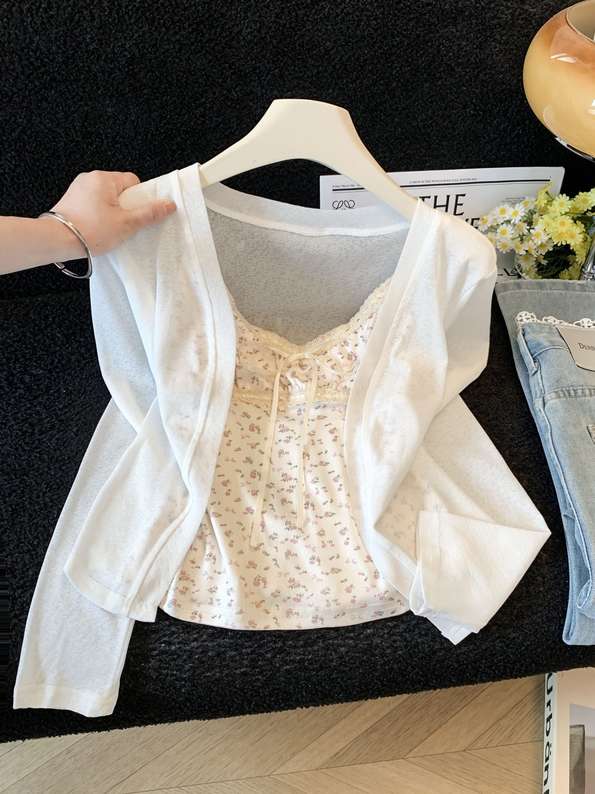 Women's Sheer Sun Protection Cardigan Set with Camisole - Korean Style Short Knit Cover-Up