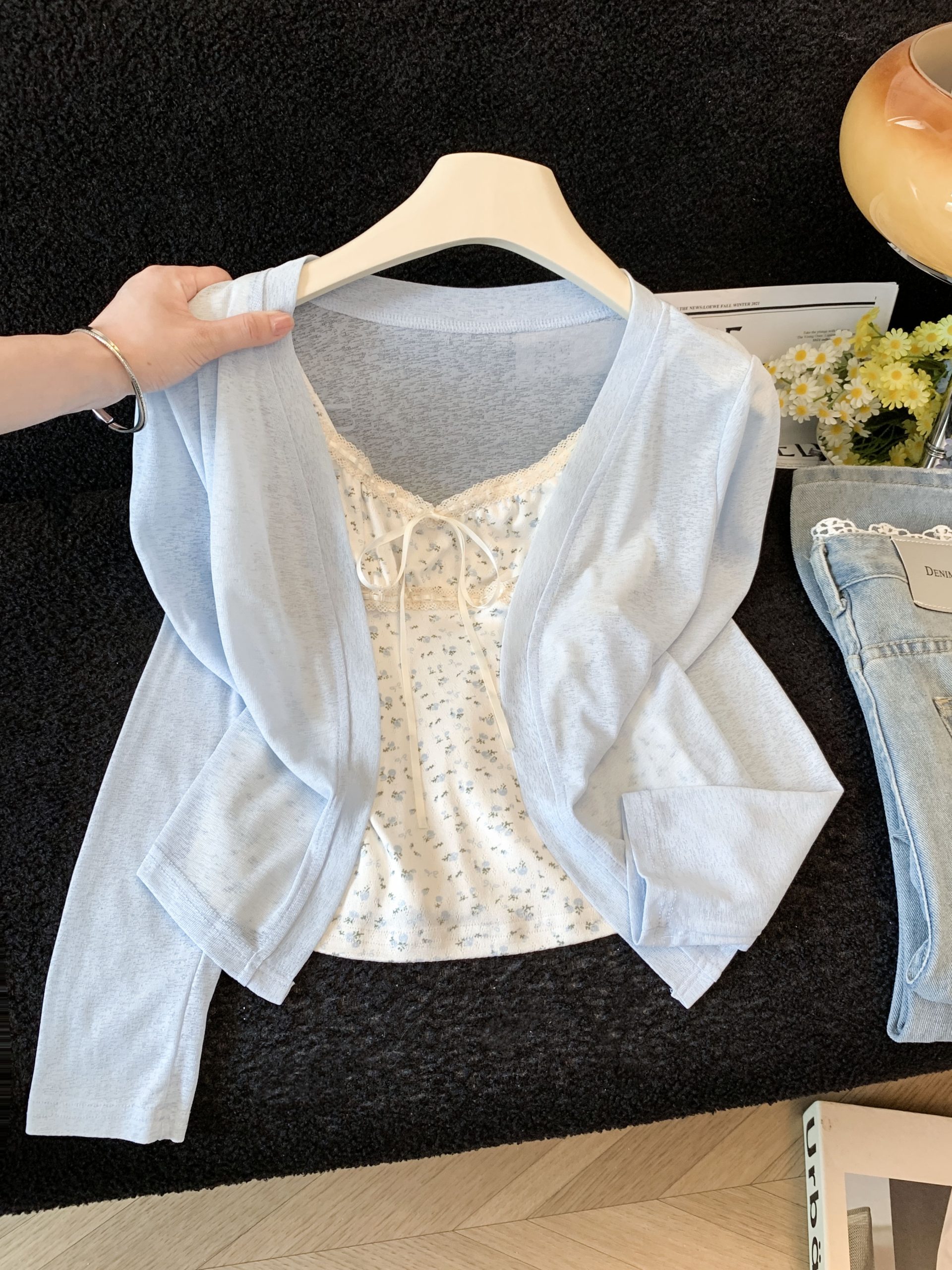 Women's Sheer Sun Protection Cardigan Set with Camisole - Korean Style Short Knit Cover-Up - Image 3