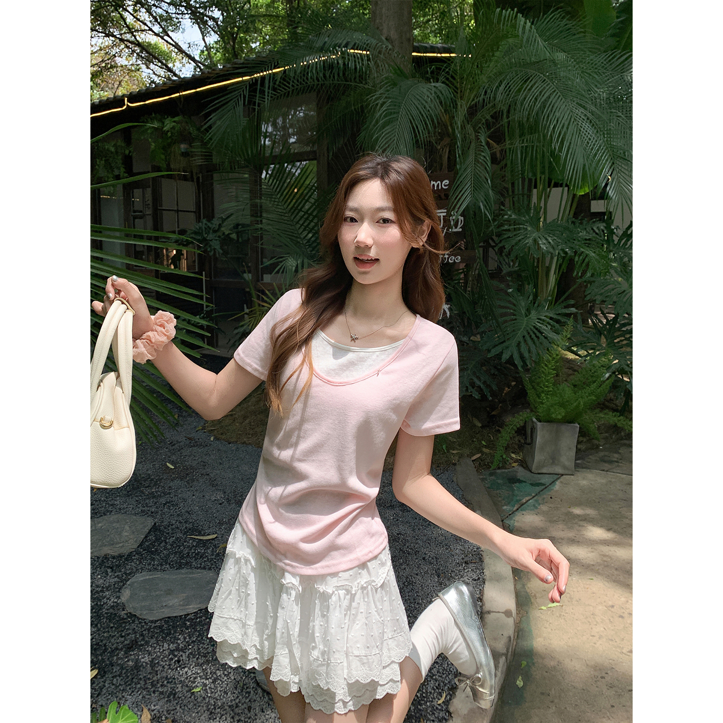 Women's Slim Fit Short Sleeve T-Shirt with Faux Two-Piece Design