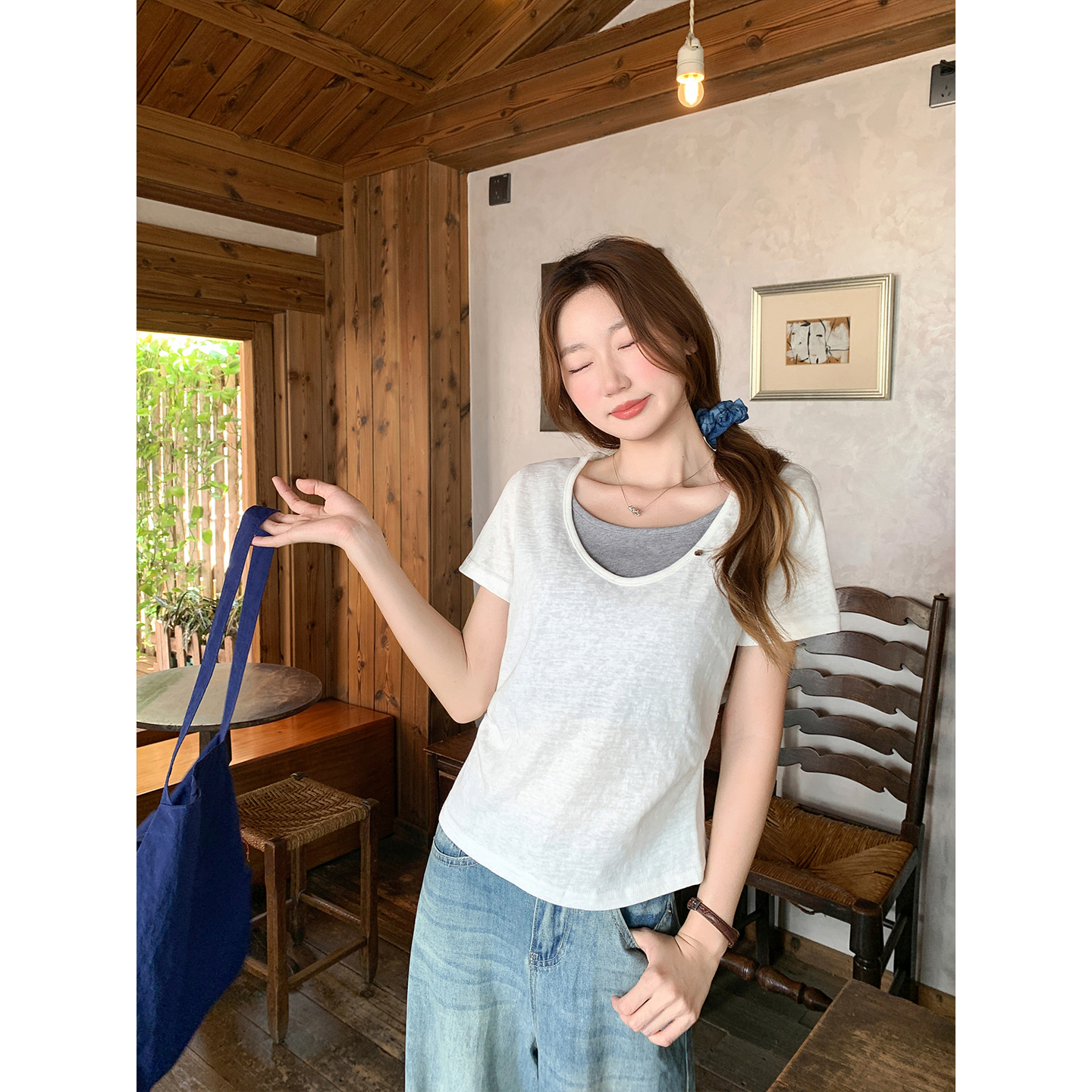 Women's Slim Fit Short Sleeve T-Shirt with Faux Two-Piece Design - Image 3