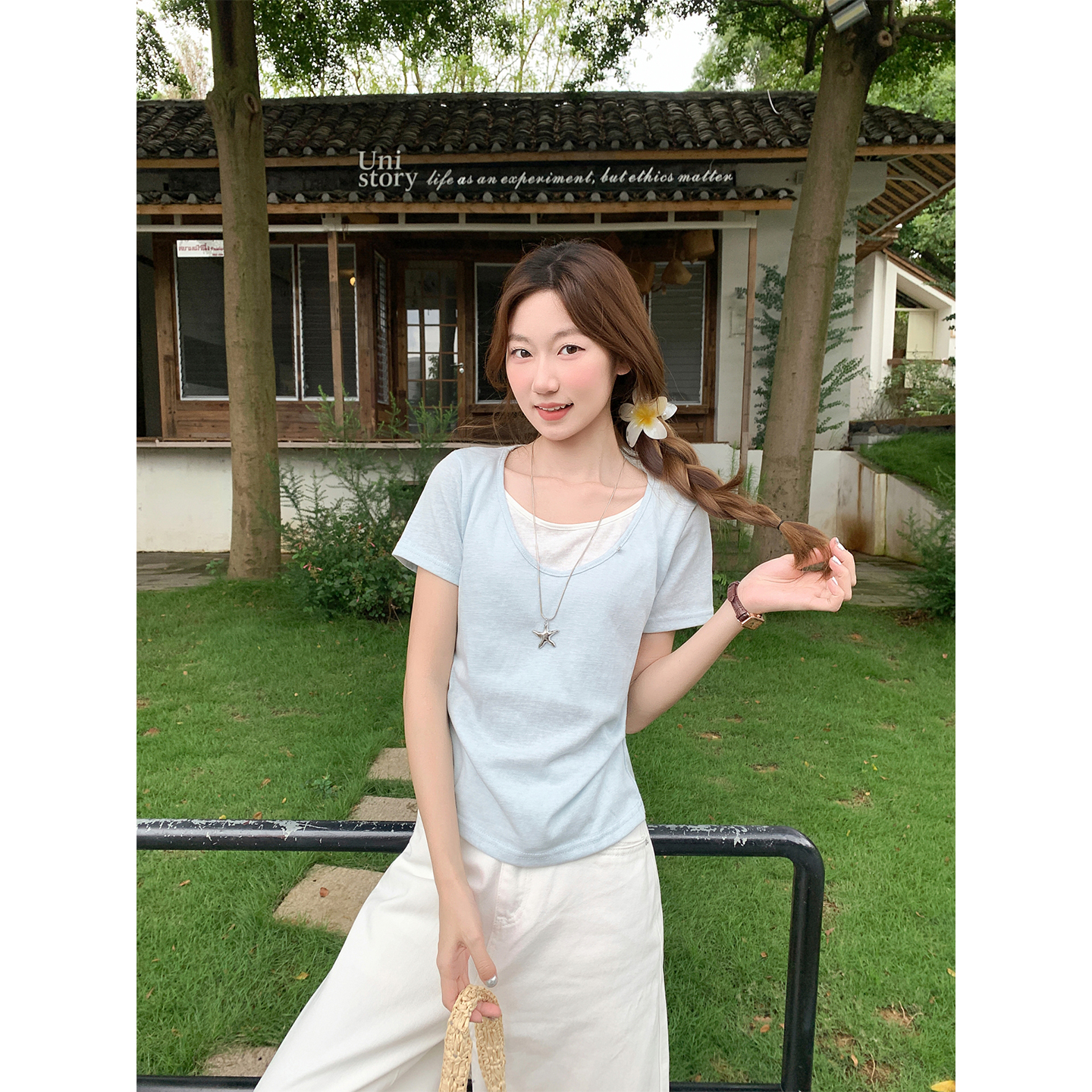 Women's Summer Faux Two-Piece T-Shirt Korean Slim Fit Short Sleeve Crew Neck Top - Image 5