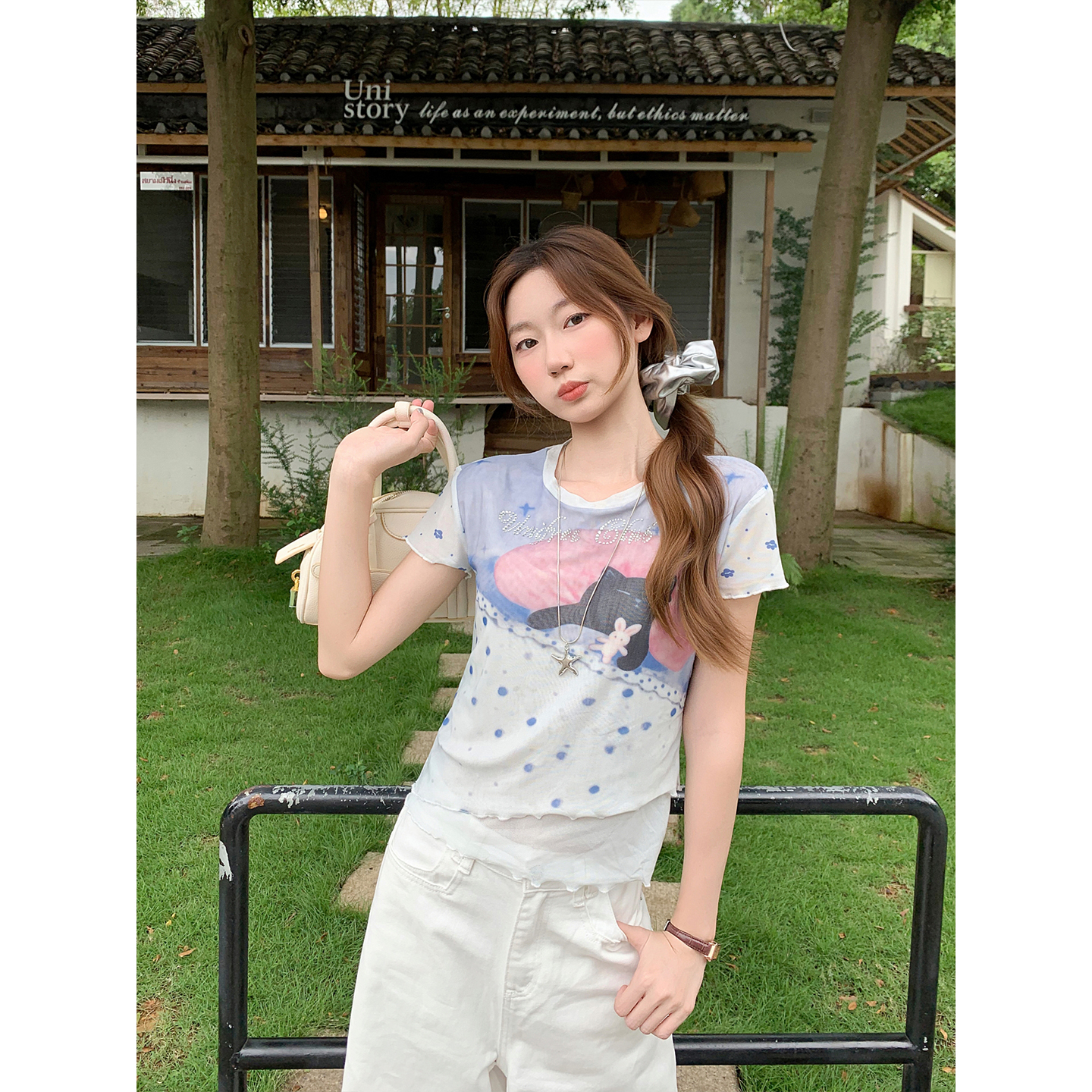Women's Slim Fit Short Sleeve T-Shirt with Letter Rhinestone Print Summer Korean Style Mesh Top - Image 4