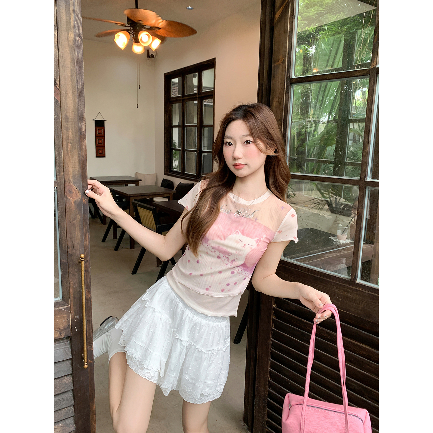 Korean Round Neck Cartoon Print Short Sleeve Mesh T-Shirt Women Summer New Faux Two Piece Design Hot Girl Top - Image 4