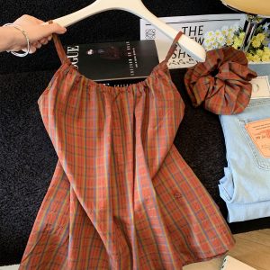 Korean Retro Color Block Plaid Camisole Tank Top Women Summer Loose Fit