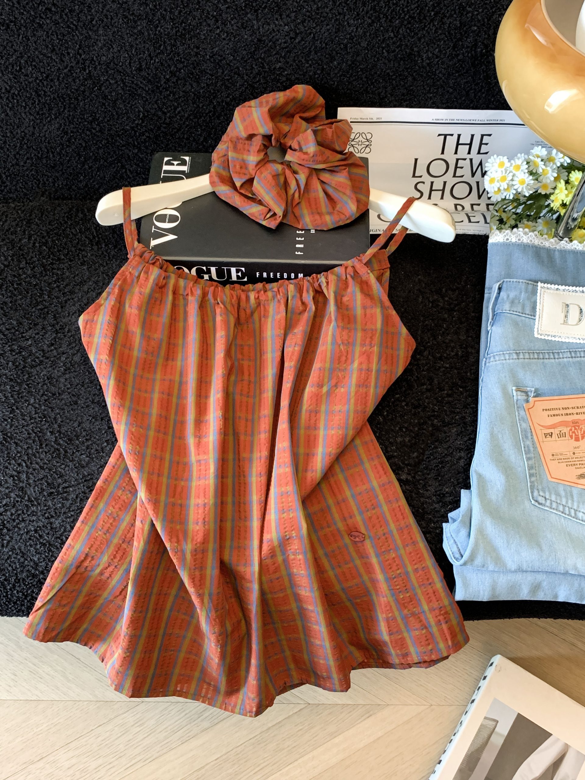Korean Retro Color Block Plaid Camisole Tank Top Women Summer Loose Fit - Image 2