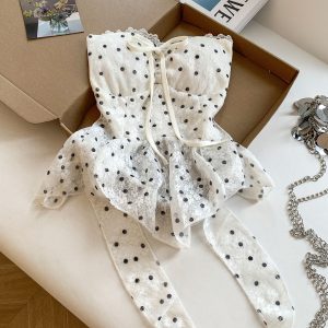 Sweet Polka Dot Strapless Lace Ruffle Asymmetric Cami Top for Women Summer