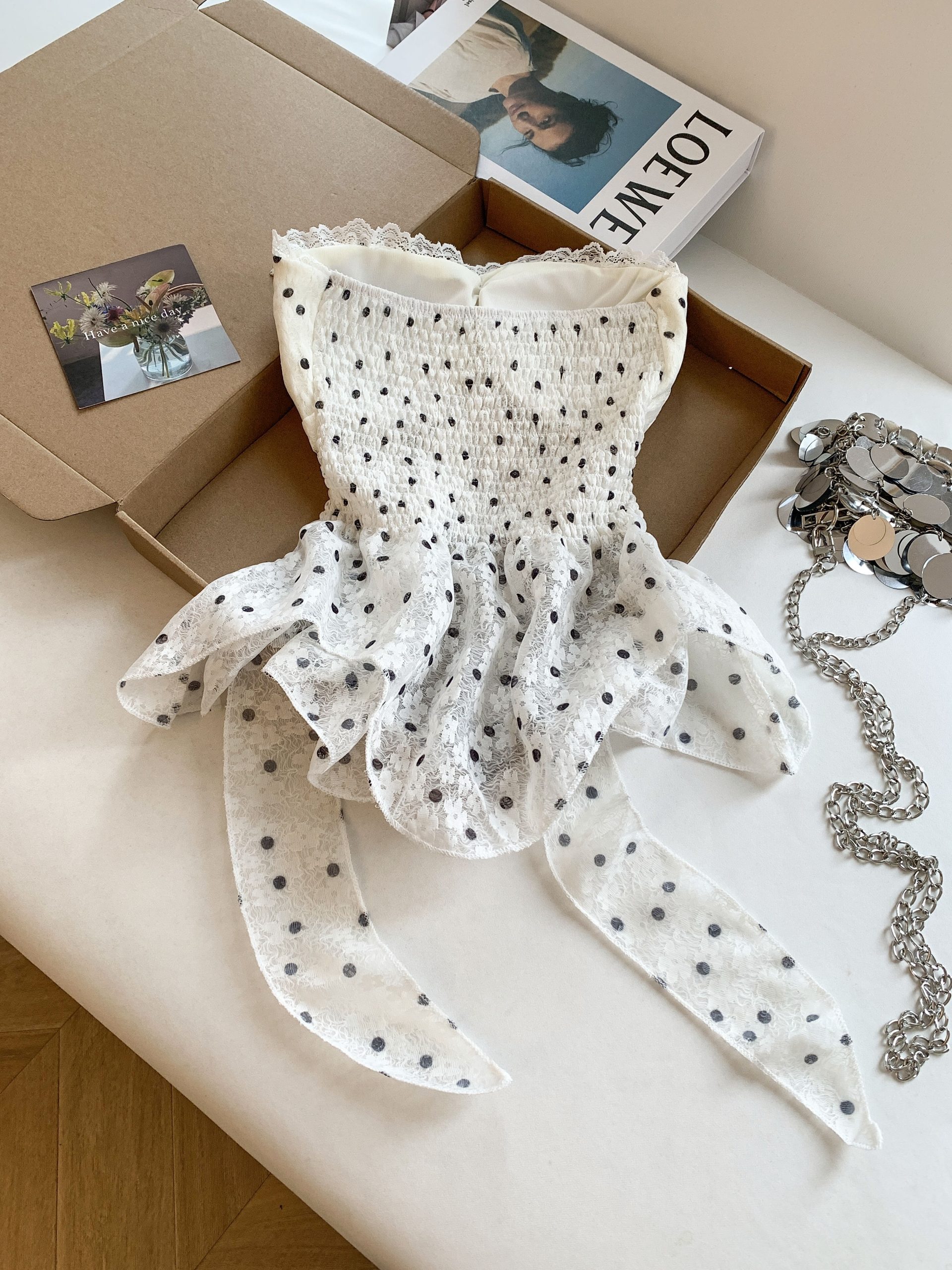 Sweet Polka Dot Strapless Lace Ruffle Asymmetric Cami Top for Women Summer - Image 2