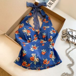 Women's Floral Halter Cami Top with Pads Backless Sleeveless Sexy Summer 2026