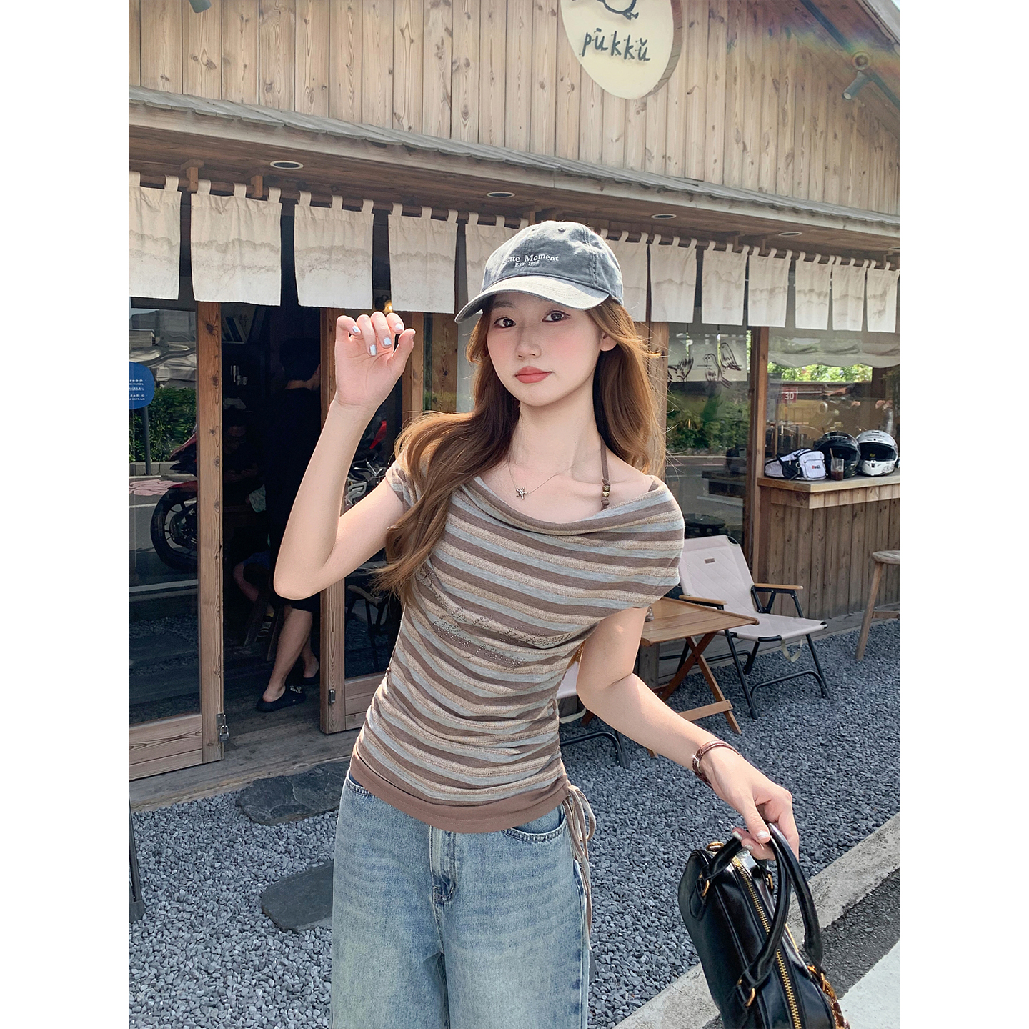 Women's Color Block Striped Off-Shoulder Halter Short Sleeve T-Shirt Summer Slim Fit Top - Image 2