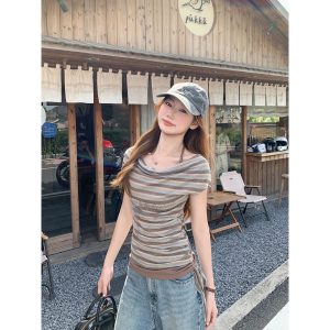 Women's Color Block Striped Off-Shoulder Halter Short Sleeve T-Shirt Summer Slim Fit Top