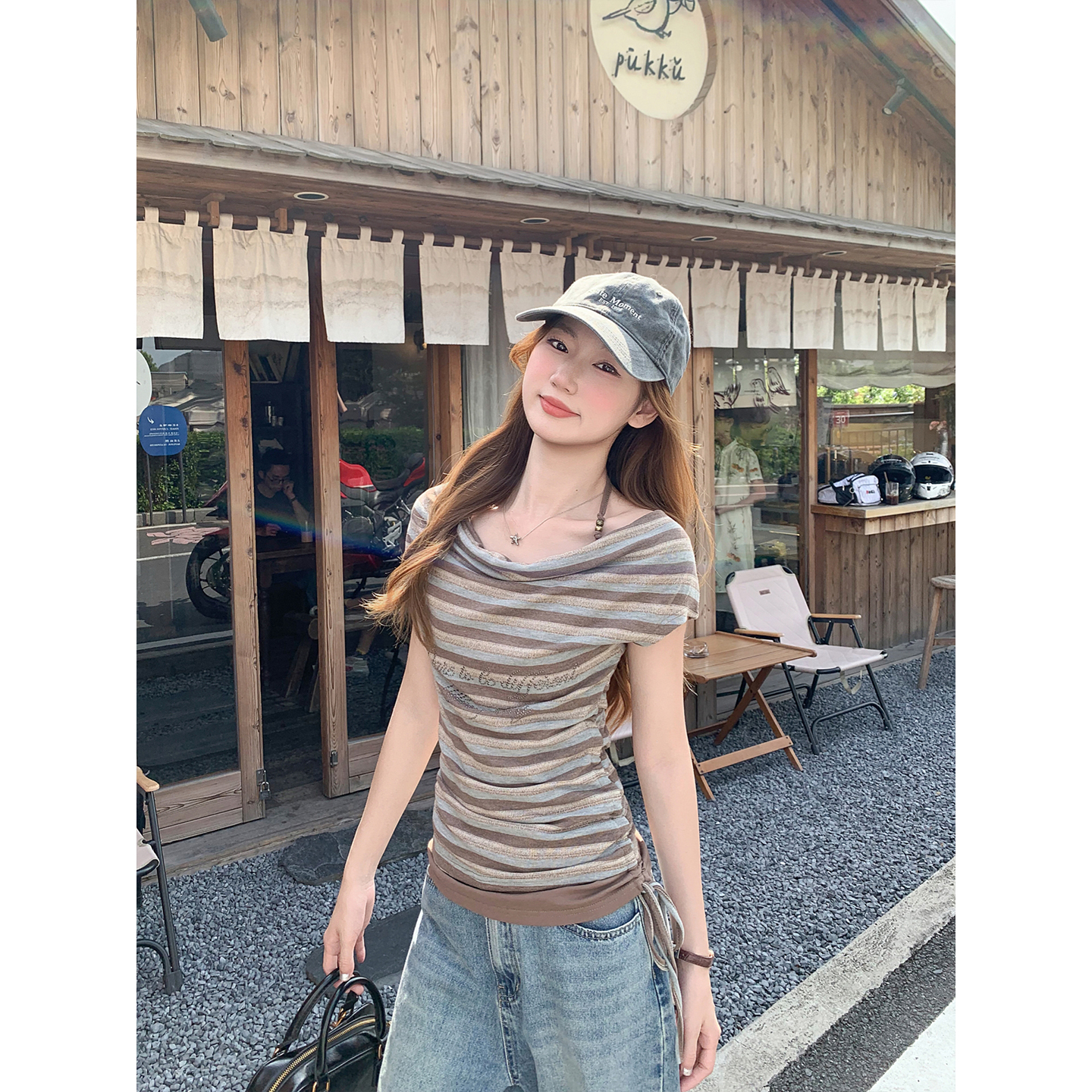 Women's Letter Rhinestone One-Shoulder Short Sleeve T-Shirt Summer New Pure Desire Style Draped Neckline Clavicle-Accentuating Pretty Top - Image 4