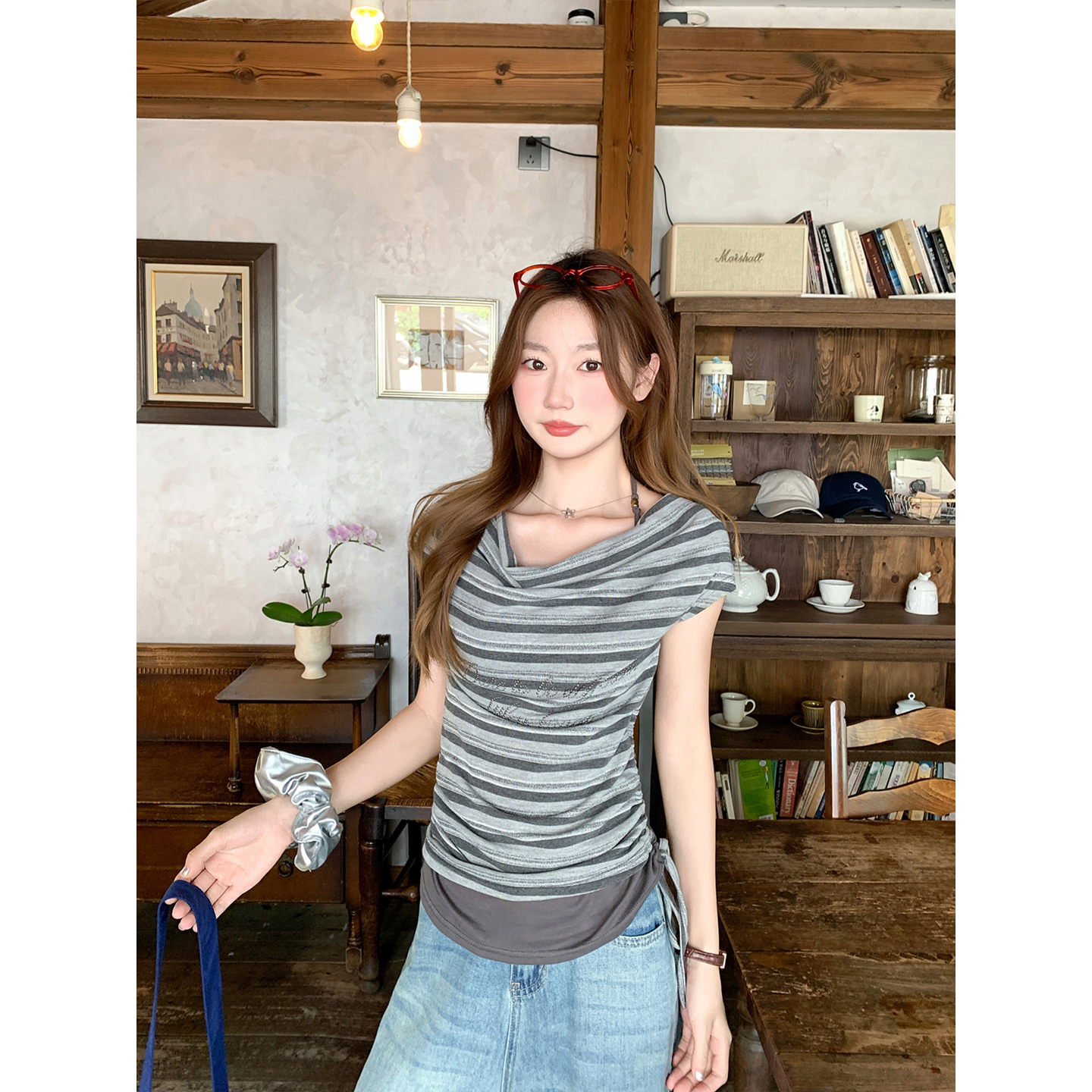 Women's Letter Rhinestone One-Shoulder Short Sleeve T-Shirt Summer New Pure Desire Style Draped Neckline Clavicle-Accentuating Pretty Top - Image 2