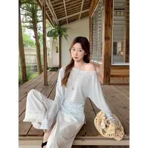 Women's Sheer Sun Protection Top with Asymmetric Off-Shoulder Neckline Long Sleeve Color Block Striped Slim Fit Lightweight Summer Shirt