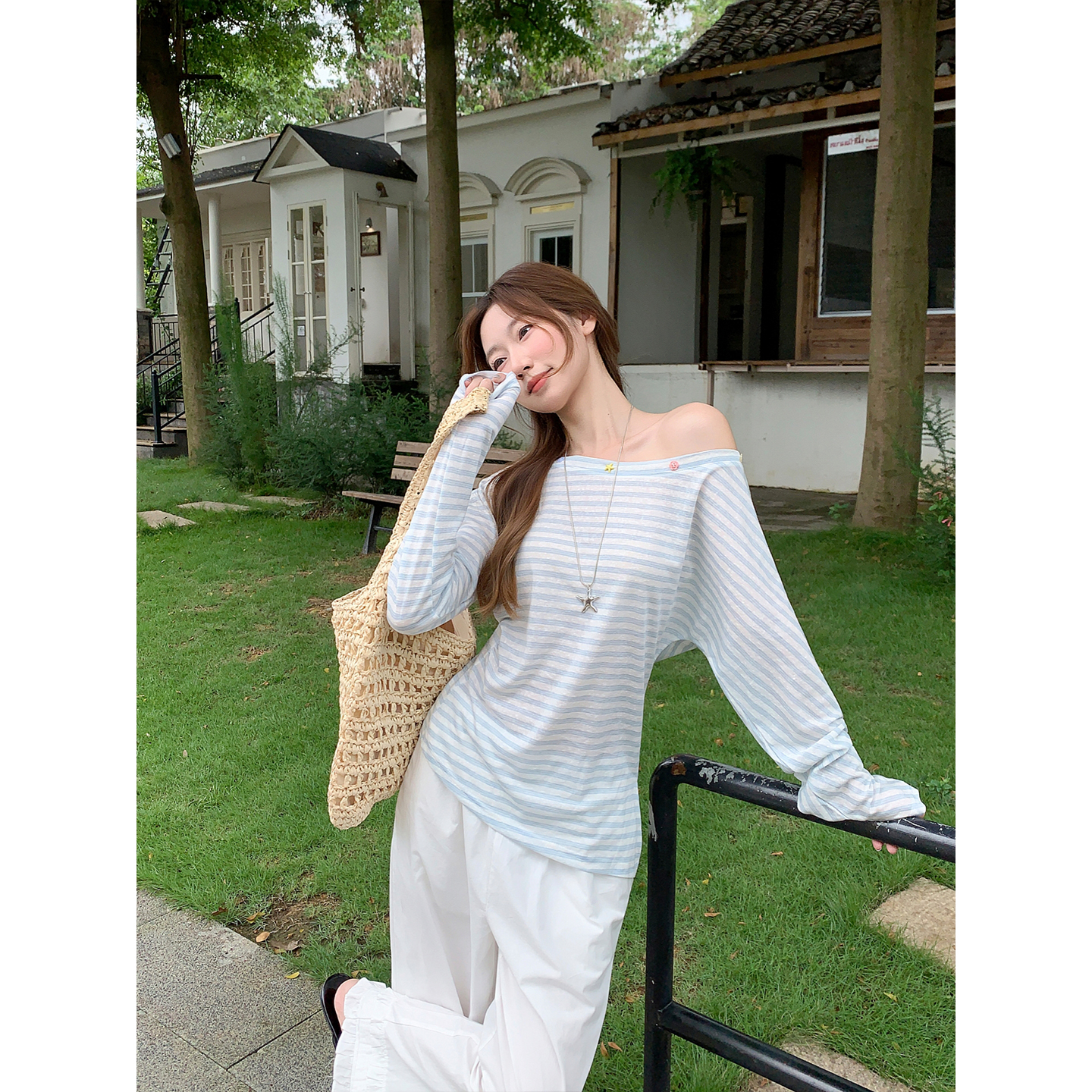 Women's Off-Shoulder Long Sleeve Asymmetric Neck Striped Sun Protection Top Summer New Classic Color Block Slim Fit Air Conditioning Cover-Up - Image 4