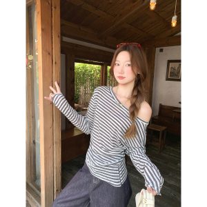 Women's Off-Shoulder Long Sleeve Asymmetric Neck Striped Sun Protection Top Summer New Classic Color Block Slim Fit Air Conditioning Cover-Up